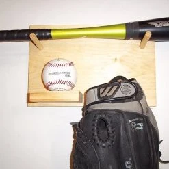 MWCSPORTS Full Size Baseball Bat Ball Glove Combination Rack Display Case Natural Finish Wall Mount