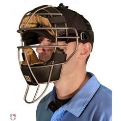 Wilson Umpire Gear Wilson MLB Titanium Umpire Mask With Two-Tone -smitty shop A3007T Wilson Titanium Umpire Mask Worn Front Angled View 1