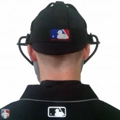 Wilson Umpire Gear Wilson MLB Black Dyna-Lite Aluminum Umpire Mask With Black And Grey Wrap Around -smitty shop A3009 AL BK GY Worn Back with Black Shirt