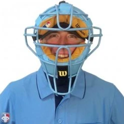 Wilson Umpire Gear Wilson MLB Sky Blue Dyna-Lite Steel Umpire Mask With Sky Blue And Tan -smitty shop A3009 BL TN Worn Front