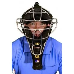 Wilson Umpire Gear Wilson MLB Gold 6" Umpire Throat Guard -smitty shop A3901 YE Wilson MLB Gold Umpire Throat Gurad Worn Front View