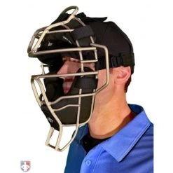Diamond Umpire Gear Diamond Silver Big League Aluminum Umpire Mask With Leather -smitty shop DFM BL SV Diamond Silver Big League Aluminum Umpire Mask with Leather Worn Front Angled View