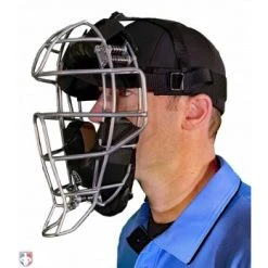 Force3 Umpire Gear Force3 Silver Defender Umpire Mask With Black -smitty shop F3 DEF SV BK Force3 Silver Defender Umpire Mask with Black Worn Front Angled View