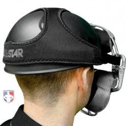 ALL-STAR Umpire Gear All-Star Delta Flex Umpire Mask Replacement Harness -smitty shop FMHPRO SBK All Star Delta Flex Umpire Mask Replacement Harness angle with skull cap