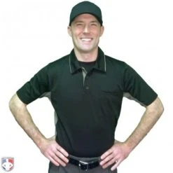 Smitty Umpire Smitty V2 Major League Replica Umpire Shirt - Black With Charcoal Grey -smitty shop S314 BK Smitty V2 Major League Replica Black with Charcoal Grey Worn Front View