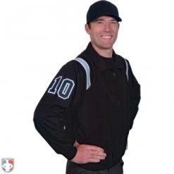 Smitty Umpire Smitty Traditional Half-Zip Umpire Jacket - Black And Powder Blue -smitty shop S320 BK PB Smitty Traiditonal Half Zip Umpire Jacket Black with Polo Blue Front Angled View with Black on Light Blue on White Precision Cut Number