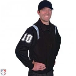 Smitty Umpire Smitty Traditional Half-Zip Umpire Jacket - Black And Powder Blue -smitty shop S320 BK PB Smitty Traiditonal Half Zip Umpire Jacket Black with Polo Blue Front Angled View with White on Black on White Precision Cut Number