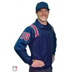 Smitty Umpire Smitty Traditional Half-Zip Umpire Jacket - Navy And Red -smitty shop S320 N R Smitty Traditional Half Zip Umpire Jacket Navy with Red and White Worn Front Angled View with Numbers