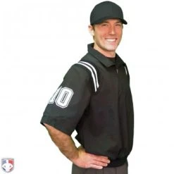 Smitty Umpire Smitty Traditional Half-Zip Short Sleeve Umpire Jacket - Black And White -smitty shop S324 BK WH Smitty Traditional Half Zip Short Sleeve Umpire Jacket Black and White Worn Front Angled with N4 SUB WBW