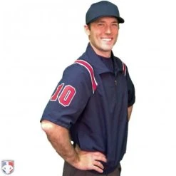 Smitty Umpire Smitty Traditional Half-Zip Short Sleeve Umpire Jacket - Navy And Red -smitty shop S324 N R W Smitty Traditonal Half Zip Short Sleeve Umpire Jacket Navy and Red Worn Front Angled View with N4 SUB RNW