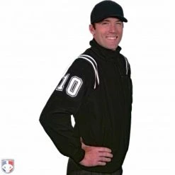 Smitty Umpire Smitty Major League Style Fleece Lined Umpire Jacket - Black And White -smitty shop S330 BK WH Smitty Major League Style Fleece Lined Umpire Jacket Black and White Front Angled View with White on Black on White Precision Cut Number