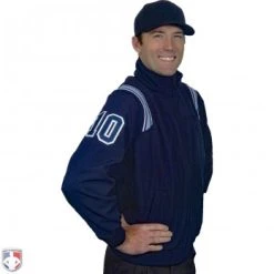 Smitty Umpire Smitty Major League Style Fleece Lined Umpire Jacket - Navy And Polo Blue -smitty shop S330 N PB Smitty Major League Style Fleece Lined Umpire Jacket Navy with Powder Blue Front Angled View with Navy on Powder Blue on White Precision Cut Numbers 1