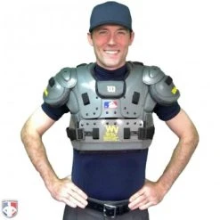 New Balance Referee And Umpire Shoes New Balance Challenger Mock Neck Short Sleeve Compression Shirt - Navy -smitty shop TMMT717 N New Balance Mock Neck Challenger Short Sleeve Compression Shirt Navy Worn Front with Chest Protector