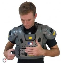 New Balance Referee And Umpire Shoes New Balance Challenger Mock Neck Short Sleeve Compression Shirt -smitty shop TMMT717 NB Mock chest protetor being strapped on 1
