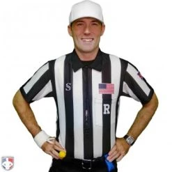 Smitty Officials Apparel Smitty CFO College 2" "Body Flex" Short Sleeve Football Referee Shirt -smitty shop USA115CFO FLEX R Smitty CFO 2 Stripe Body Flex Football Referee Shirt Worn Front View